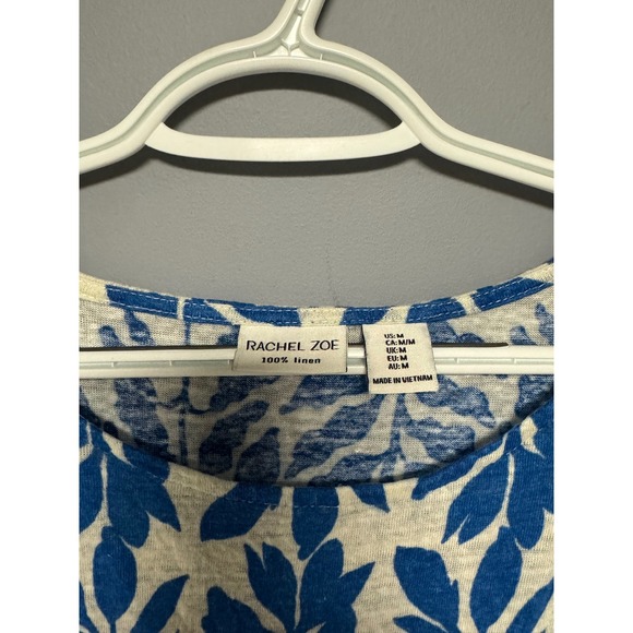 Rachel Zoe Linen Leaf Print‎ Top M Blue White Cap Sleeve Boho Resort Vacation - Picture 2 of 6